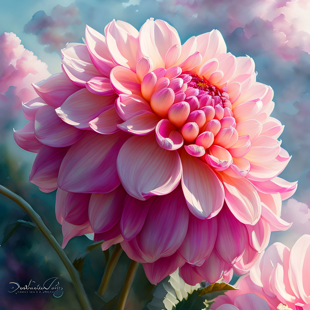 Pink dahlia digital illustration with fluffy clouds background