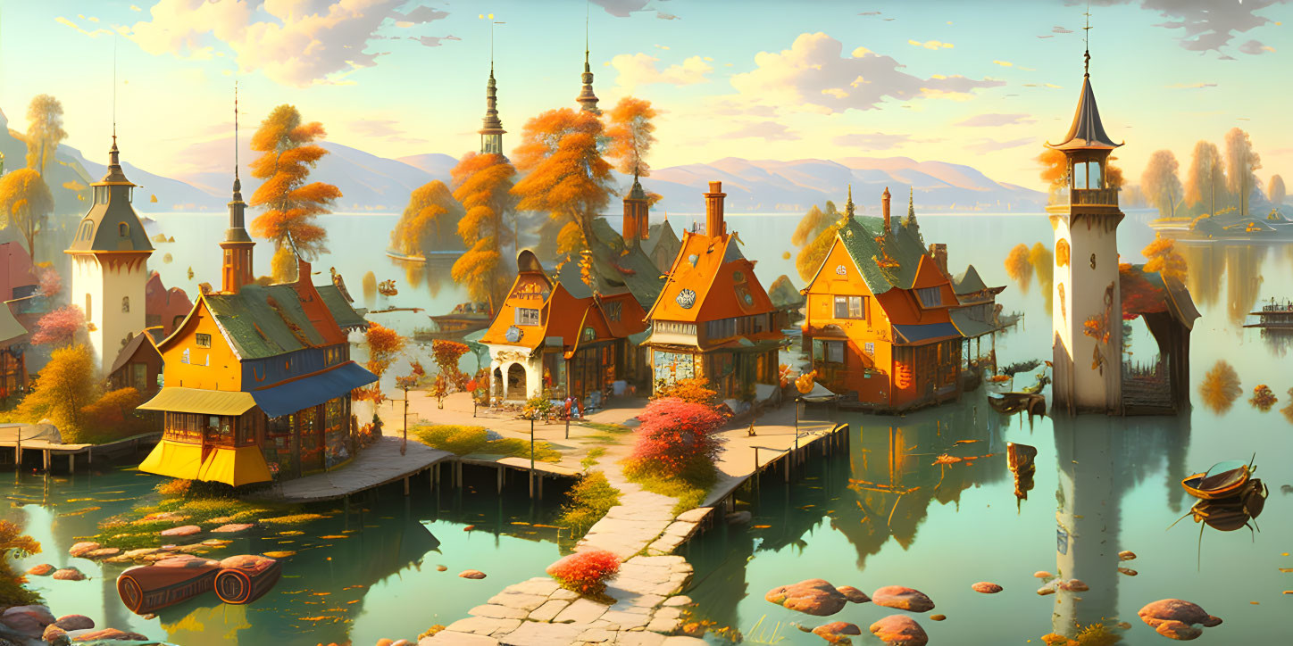 Autumnal village scene with houses, towers, and trees reflected in calm waters