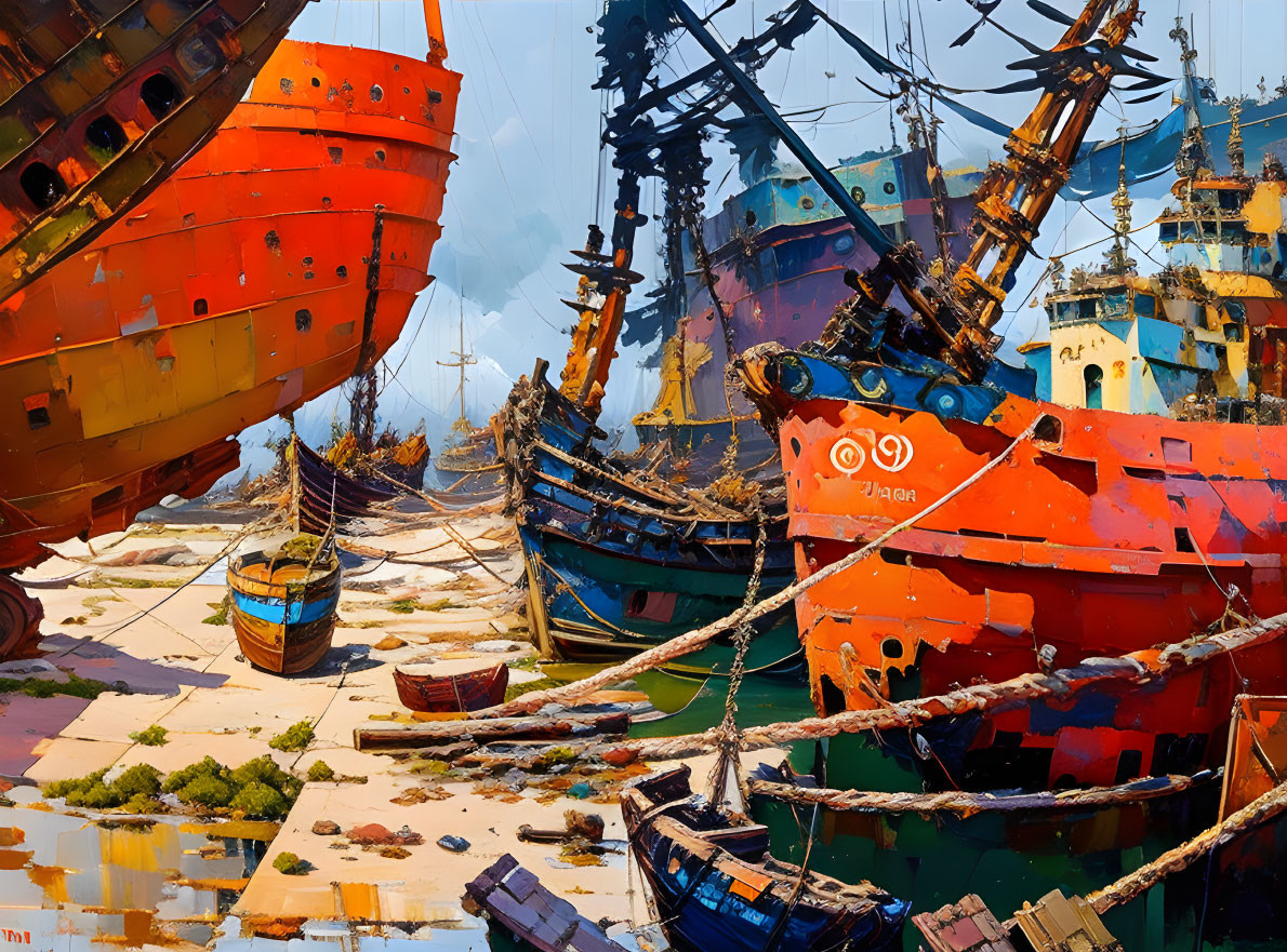 Colorful derelict ships in shipbreaking yard under clear blue sky