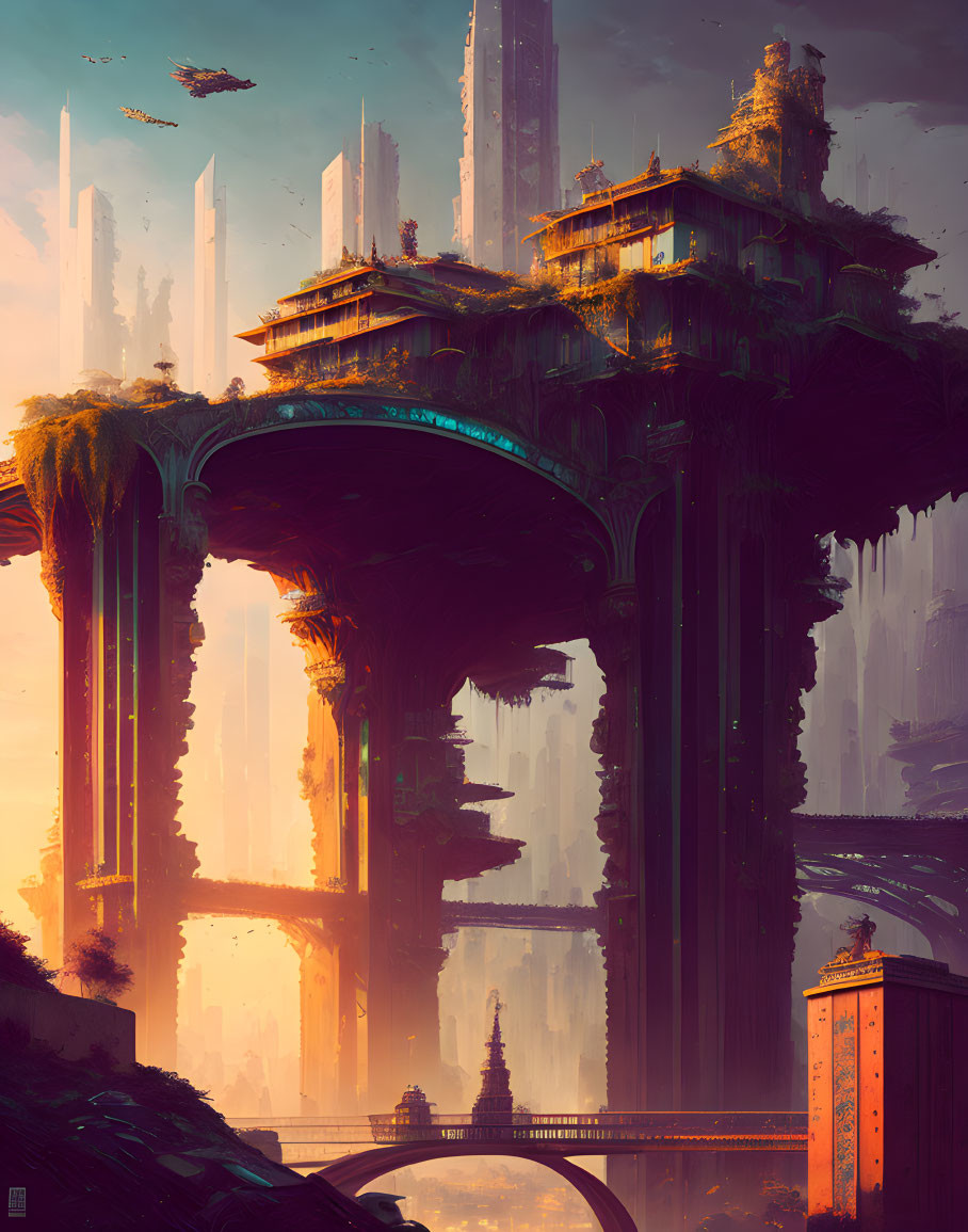 Futuristic cityscape with towering structures and bridges in golden sky