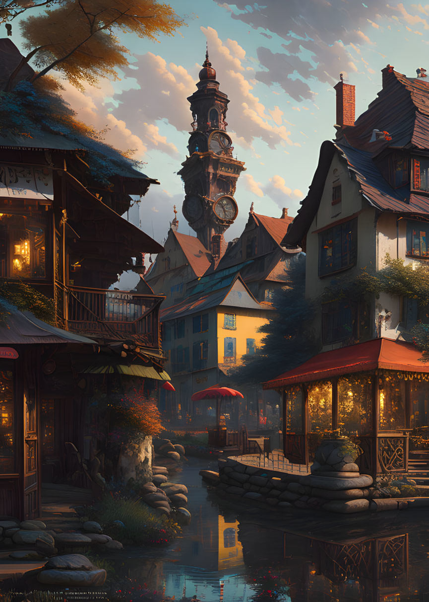 Old-fashioned village with clock tower, cobblestone paths, river - serene evening scene