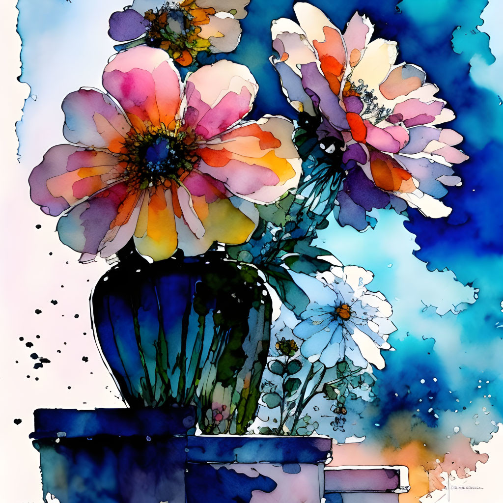 Colorful Flowers in Blue Pot Watercolor Painting with Vivid Background