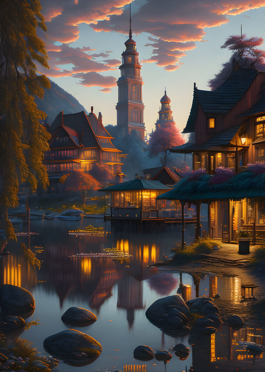 Traditional wooden houses and steeple by gentle river at sunset