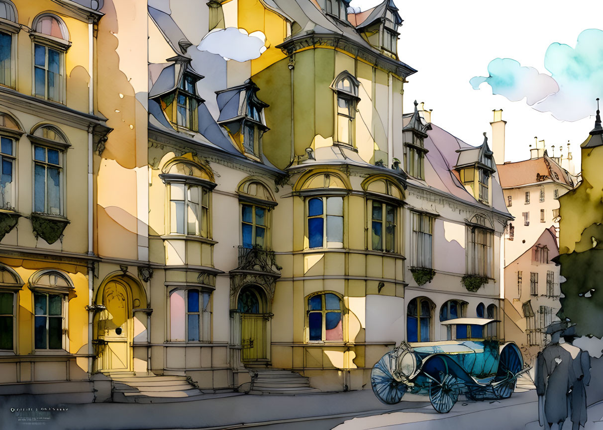 Ornate buildings and vintage carriage in warm street scene