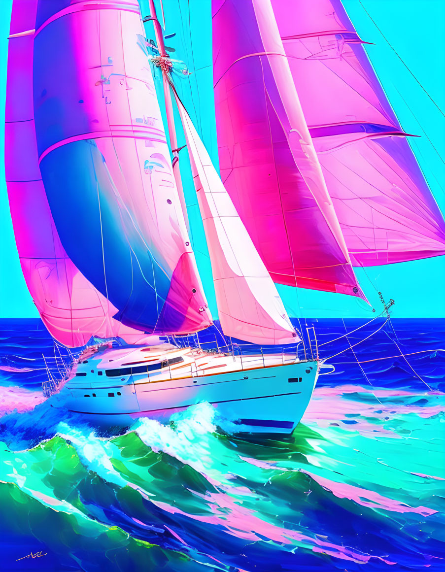 Colorful digital artwork: Sailboat with pink sails on turquoise waves under blue sky