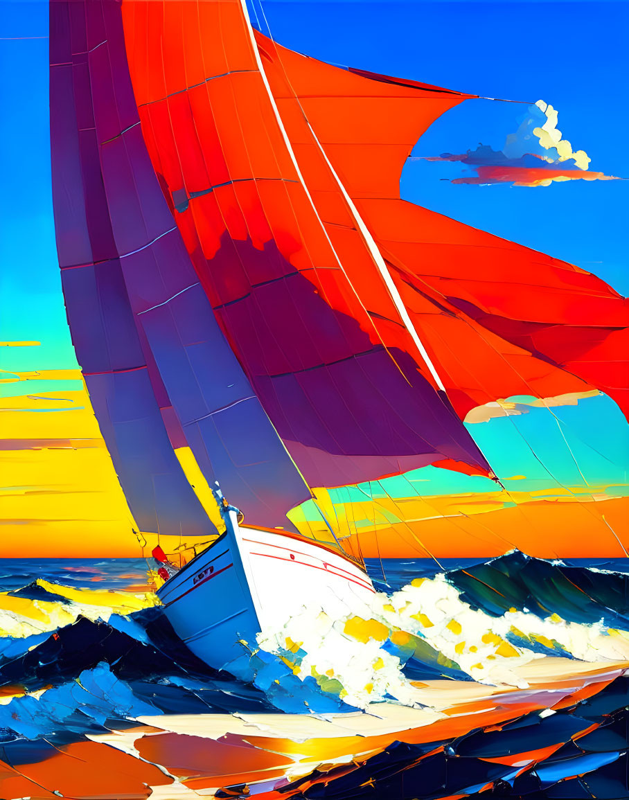 Colorful Digital Art: Sailboat with Red Sails on Blue Waves at Sunset