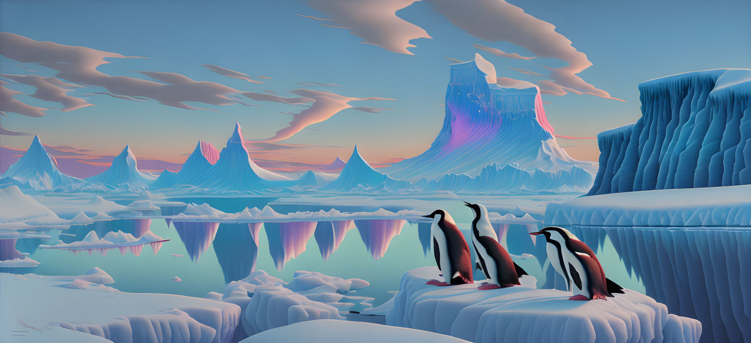 Tranquil polar landscape with icebergs, penguins, and pastel sky