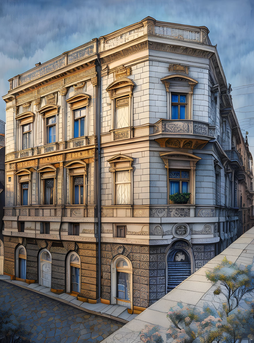 Ornate European-style corner building with large windows against cloudy sky