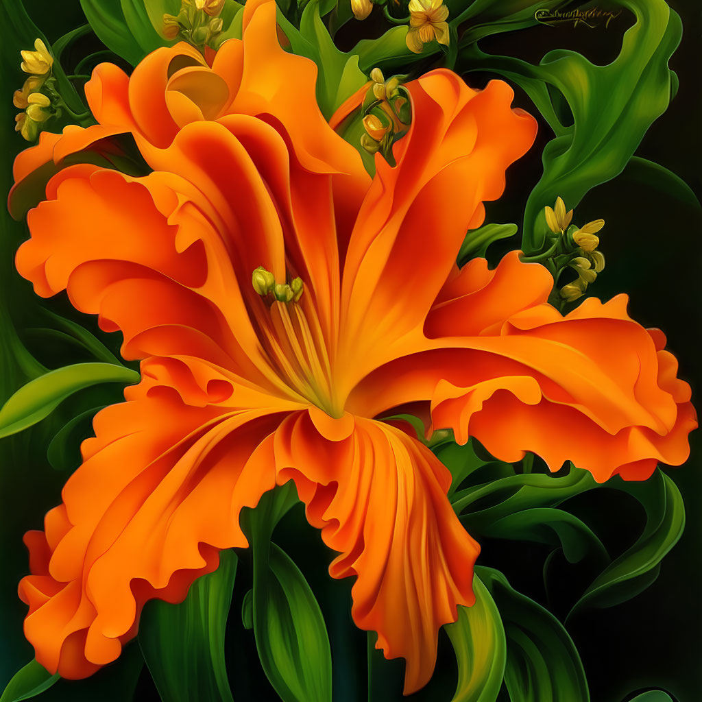 Detailed Orange Lily with Green Leaves in Realistic Digital Art