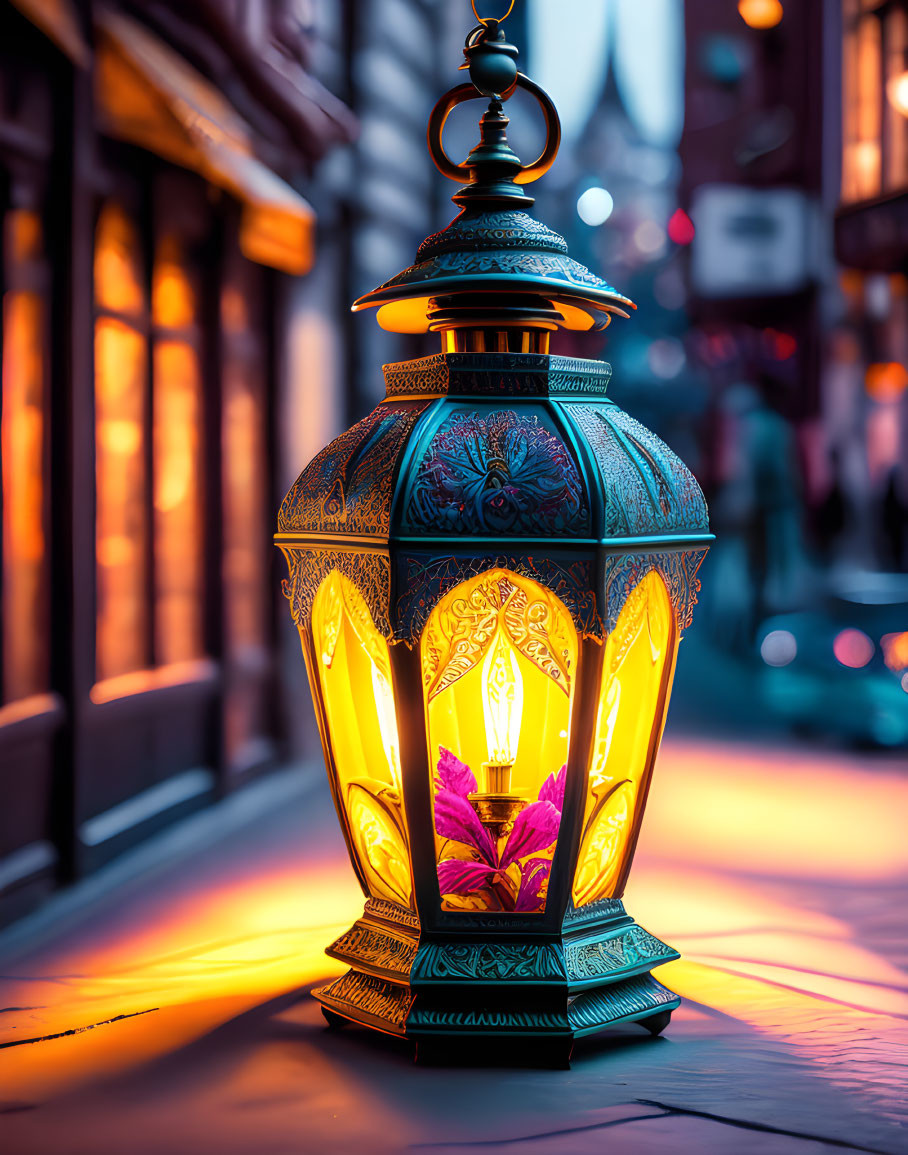 Intricately designed lantern illuminates cobblestone street at dusk