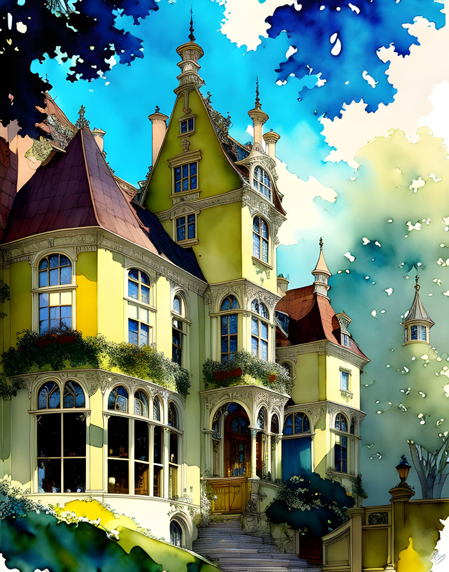 Vibrant whimsical Victorian-style house illustration with turrets and lush surroundings