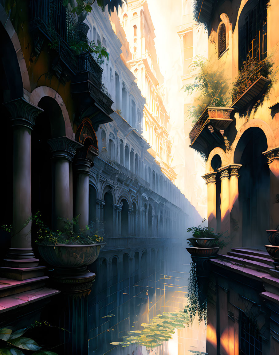 Tranquil canal in Venice-like cityscape with towering buildings and lush greenery