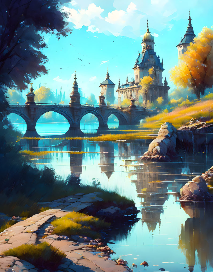 Ornate bridge and castle in serene fantasy landscape