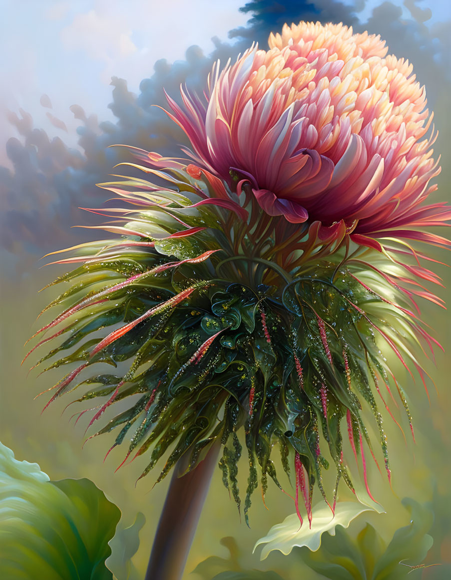 Colorful oversized fantastical flower digital painting with pink and yellow petals.