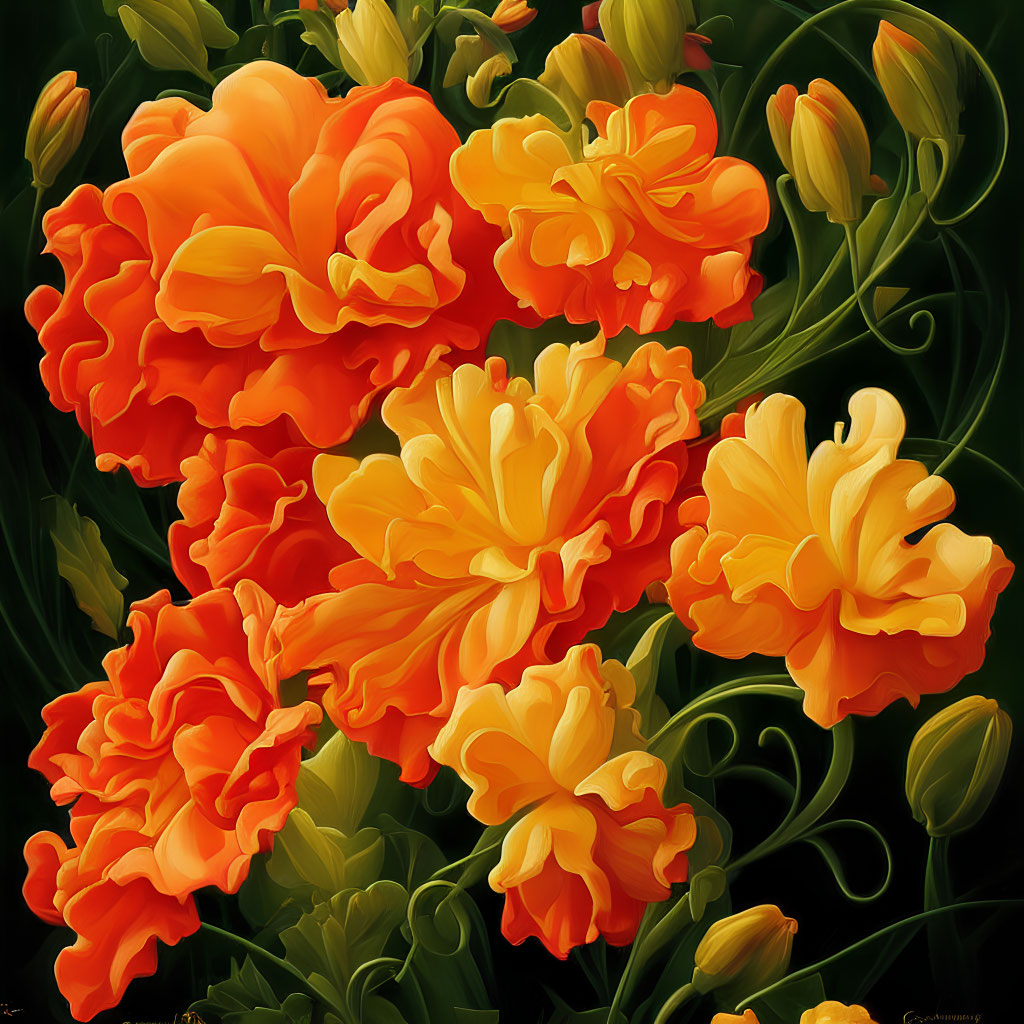 Bright Orange and Yellow Marigold Flowers on Dark Background