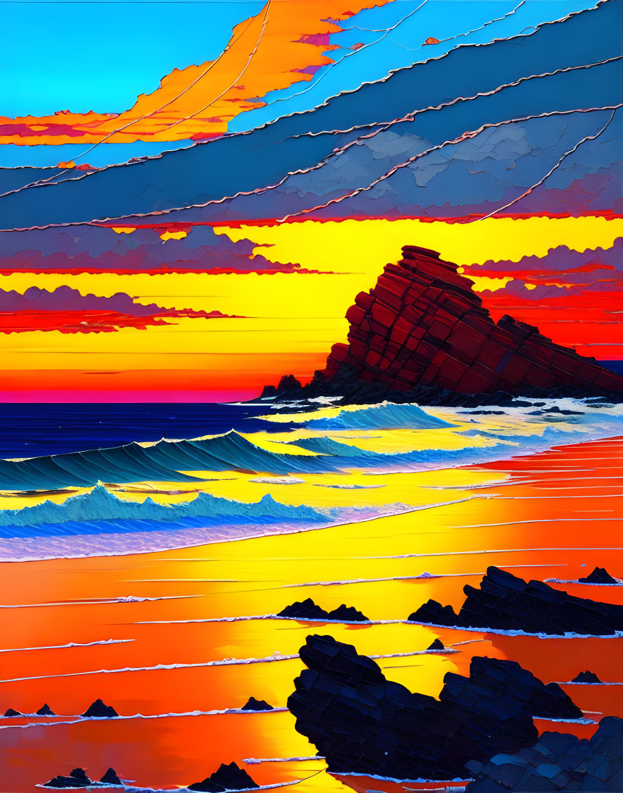 Colorful Waves and Red Rock in Fiery Sky Seascape