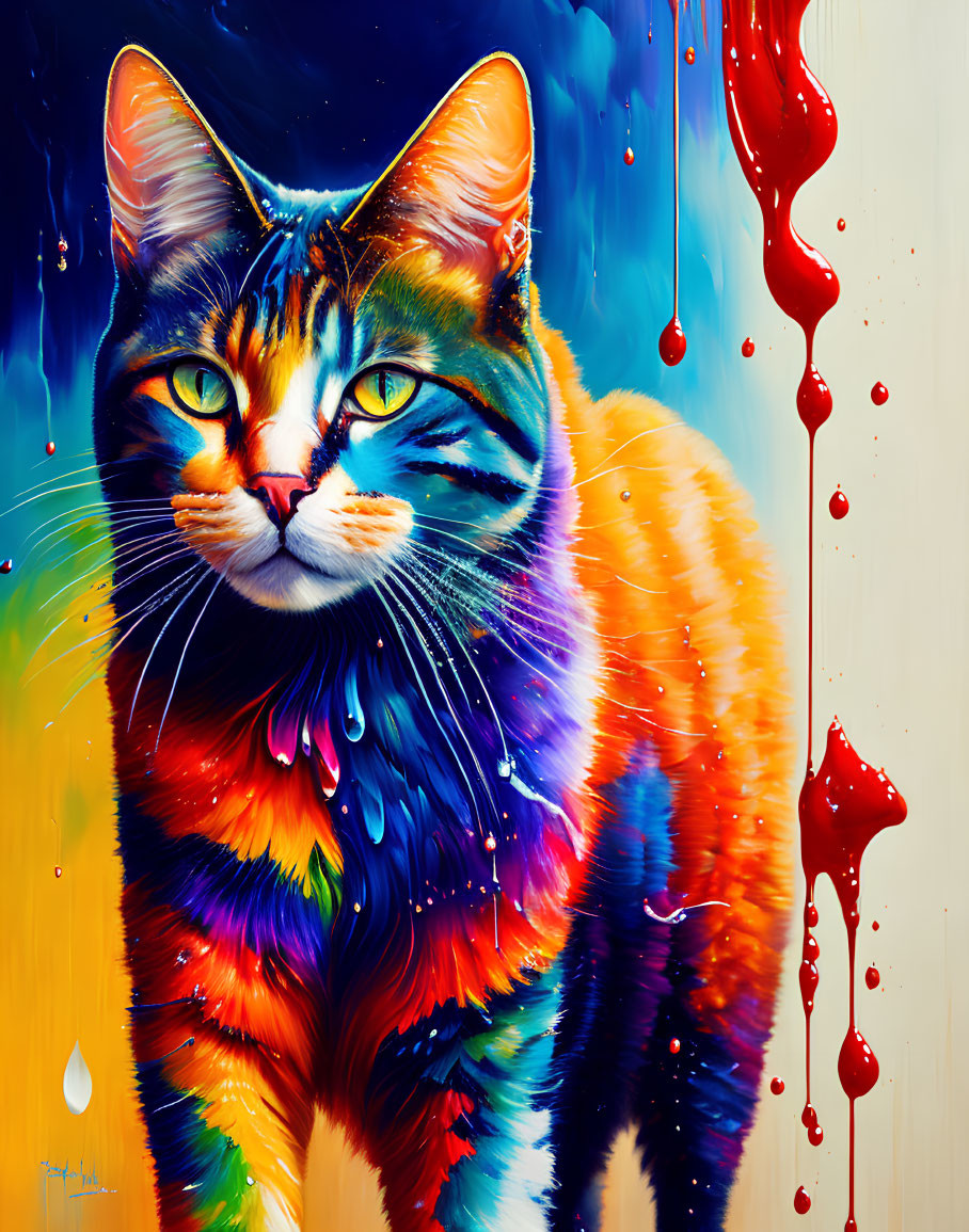 Colorful Cat Painting with Rainbow Coat and Blue Eyes