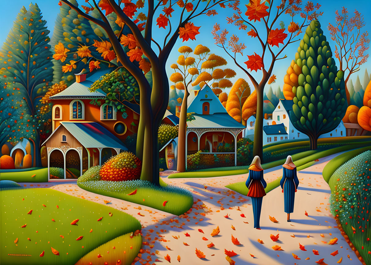 Autumnal painting with two figures walking towards cottages