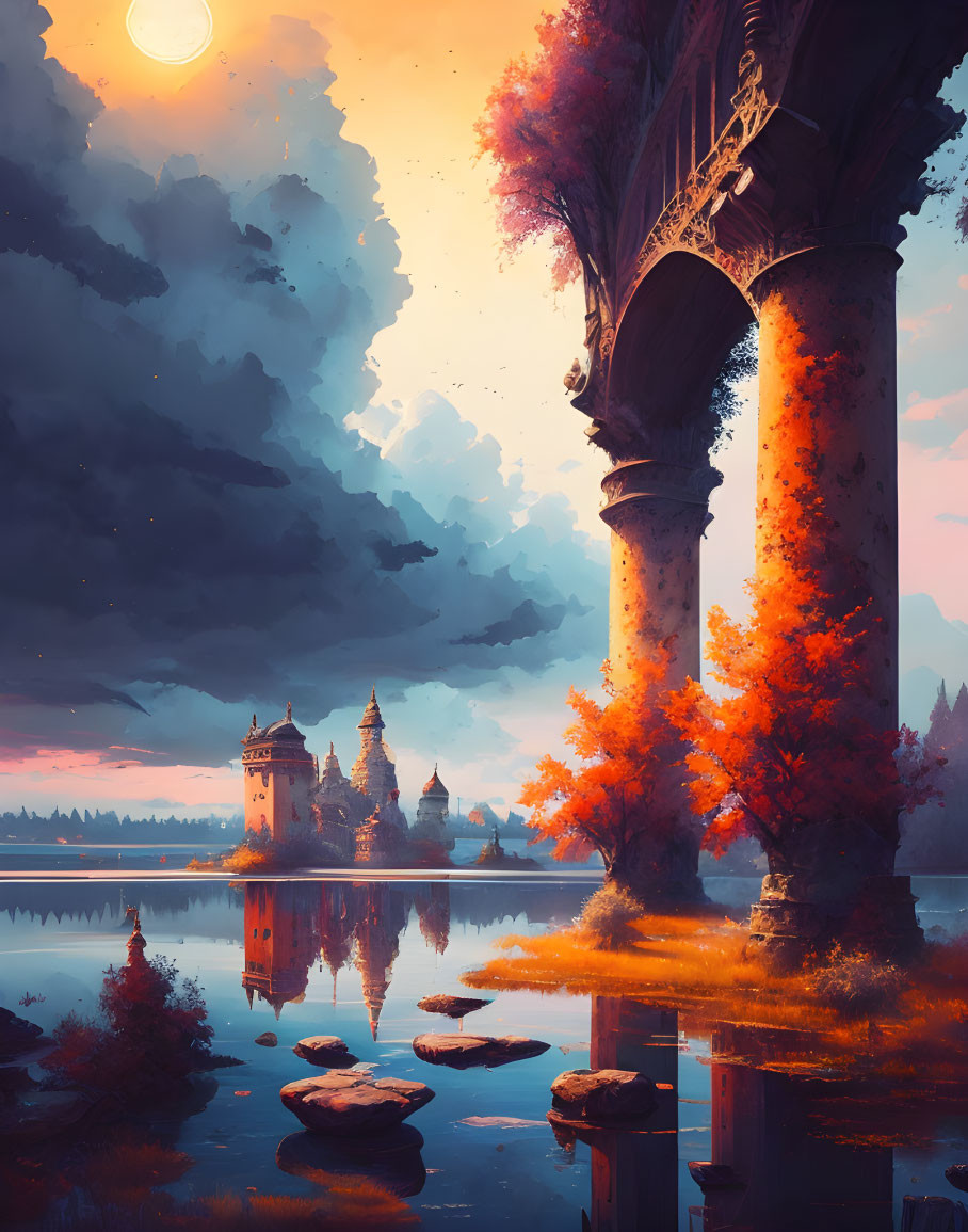 Majestic pillars, fiery trees, serene lake: fantasy twilight scene