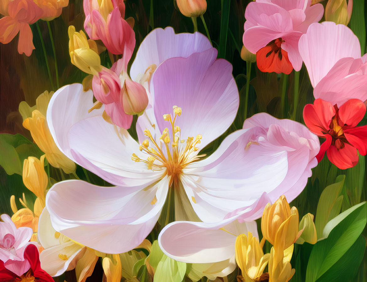 Colorful digital painting of pink blossom and tulips in soft-focus.