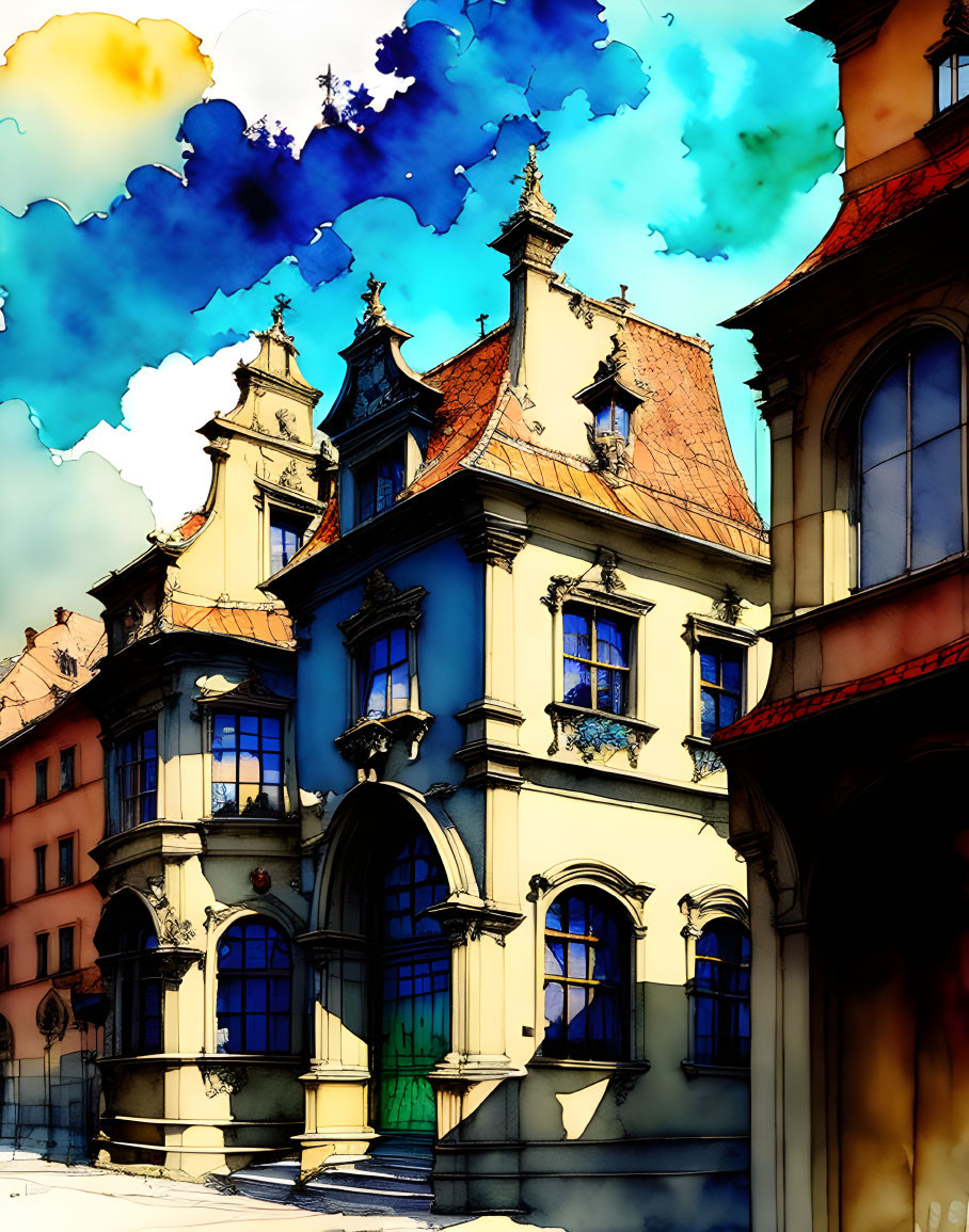 Detailed European-style building illustration with vibrant colors and cloudy sky