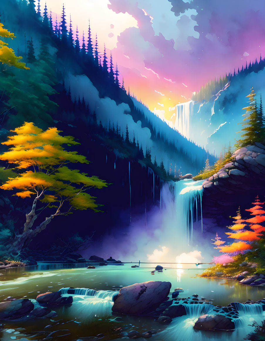 Serene forest waterfall digital artwork with autumn trees