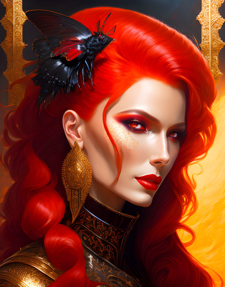 Vibrant digital portrait of a woman with red hair and butterfly.