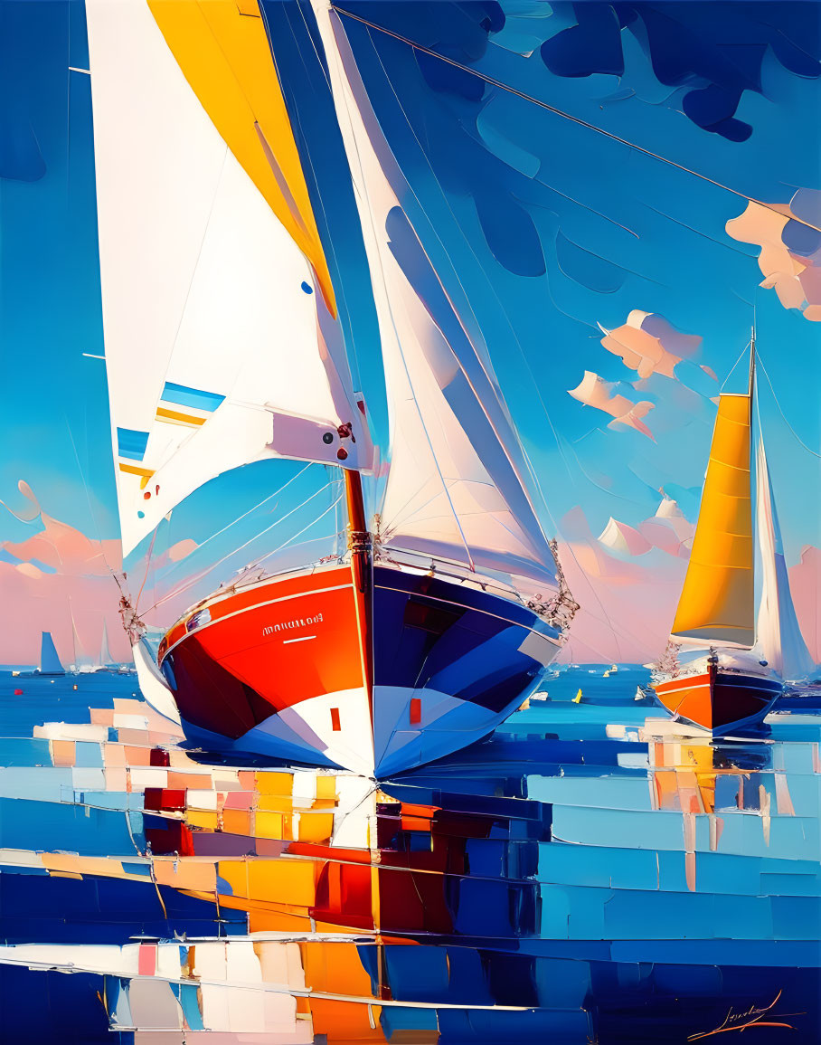 Vibrant sailboats on blue sea with whimsical sky