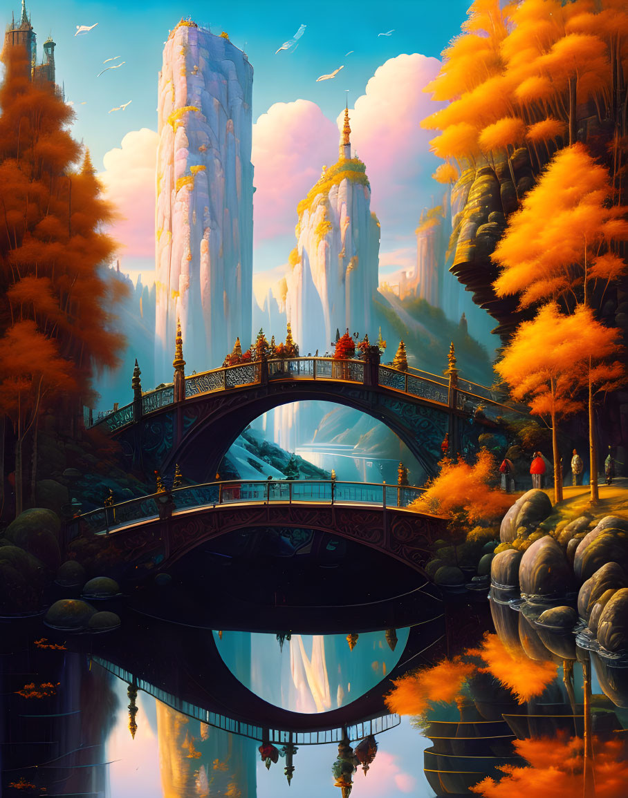 Fantastical landscape with towering cliffs, bridge, autumnal trees, serene sky.