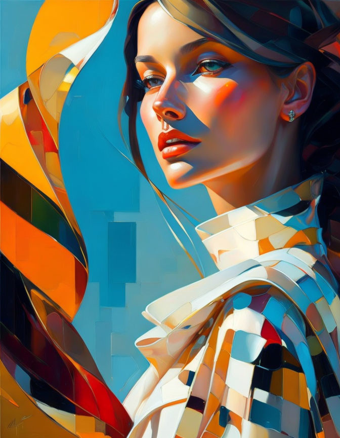 Colorful Geometric Portrait of Woman with Flowing Elements