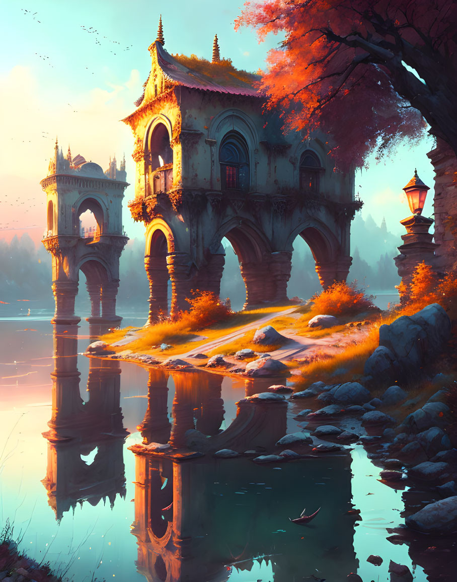 Fantasy landscape with glowing arch over serene waters.