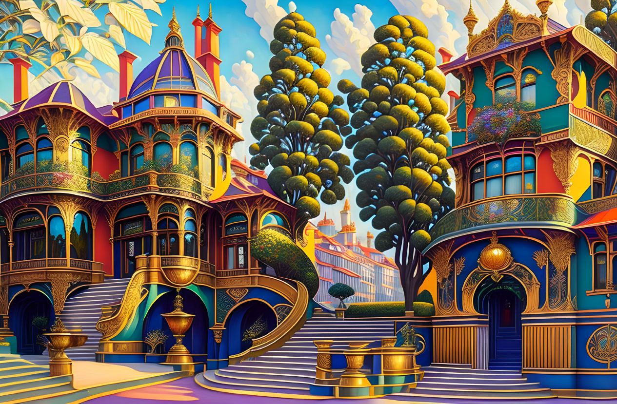 Colorful whimsical architecture with oversized trees and ornate details