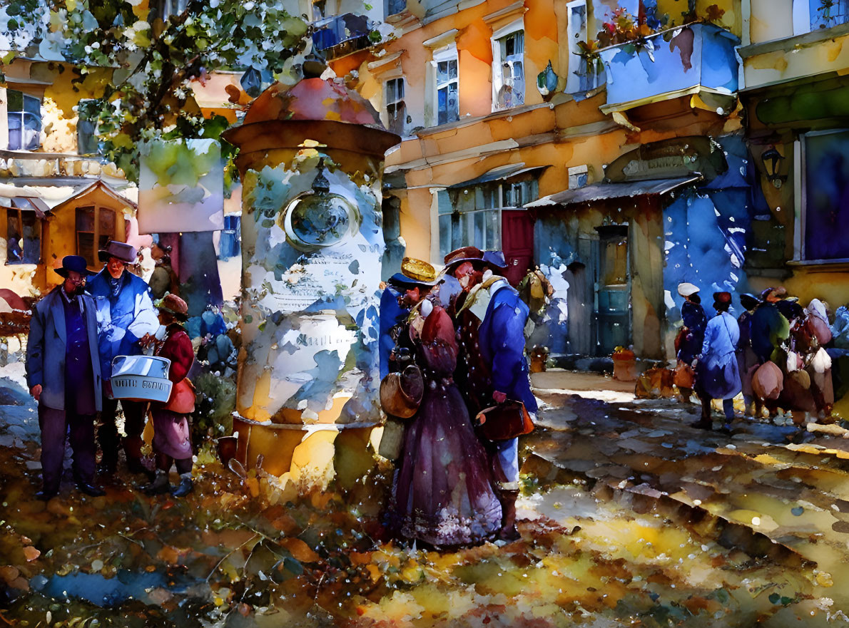 Vintage Attire Street Scene with People in Watercolor