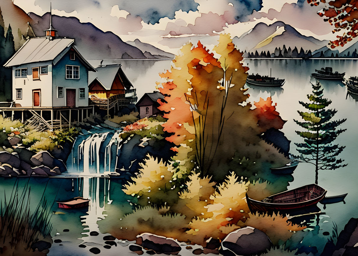 Autumnal Scene: Cabin, Waterfall, Fall Trees, Lake Boat, Mountains