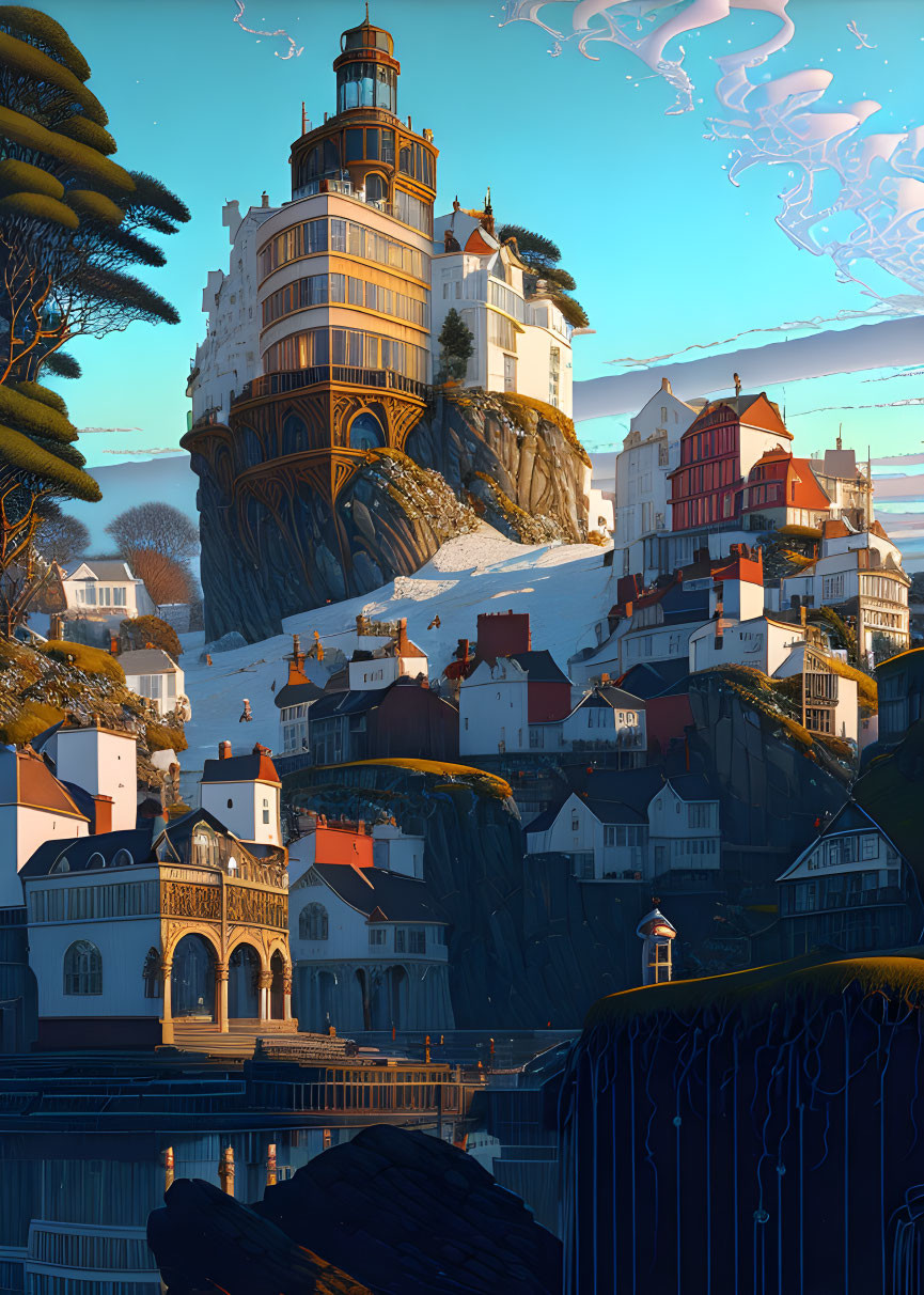 Whimsically styled coastal village perched on cliffs