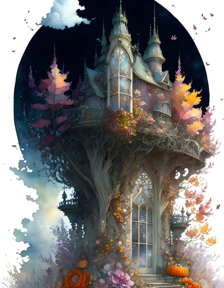 Elaborate treehouse with turrets in autumn twilight