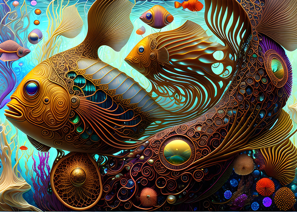 Colorful Digital Artwork of Fantastical Fish and Coral Reef