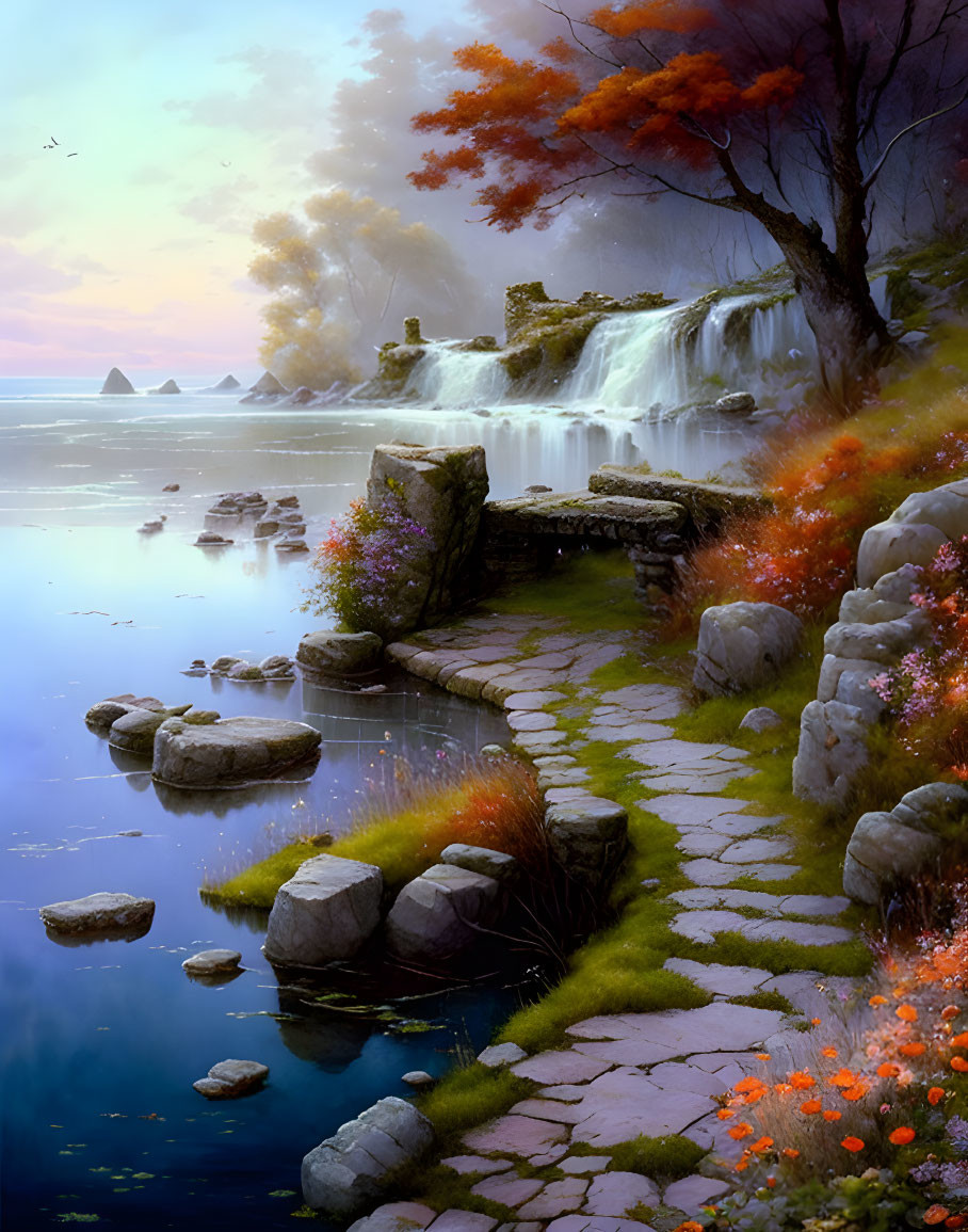 Tranquil landscape with waterfall, stone path, vibrant flora, and serene lake