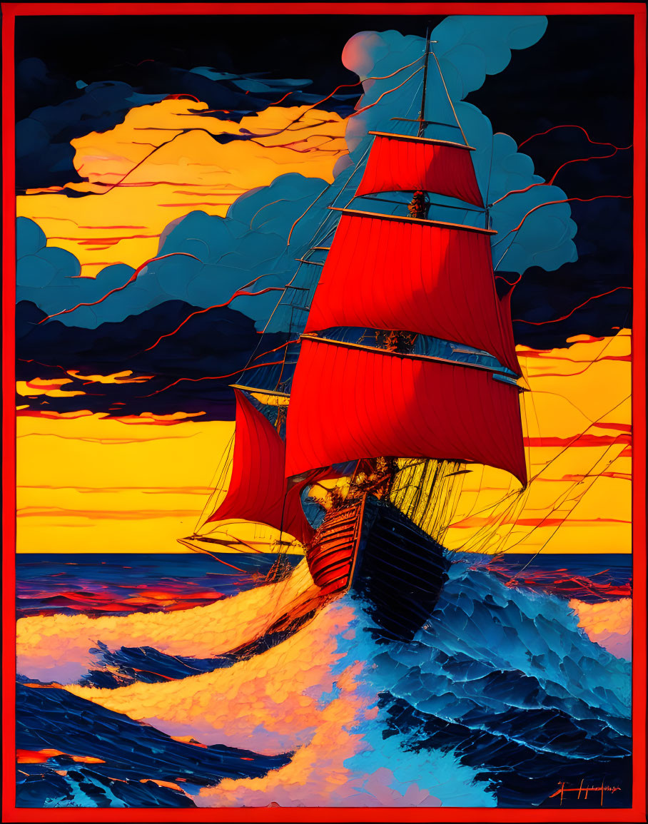 Vivid ship with red sails on blue sea under dramatic sunset sky