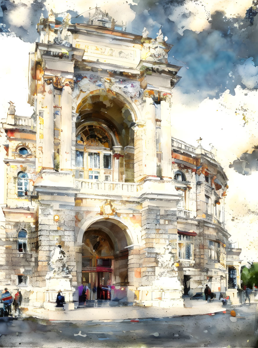 Historical building with arch entrance in watercolor art