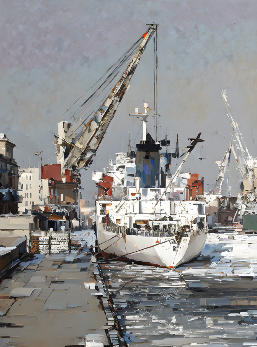 Harbor scene digital painting with white crane ship and industrial buildings