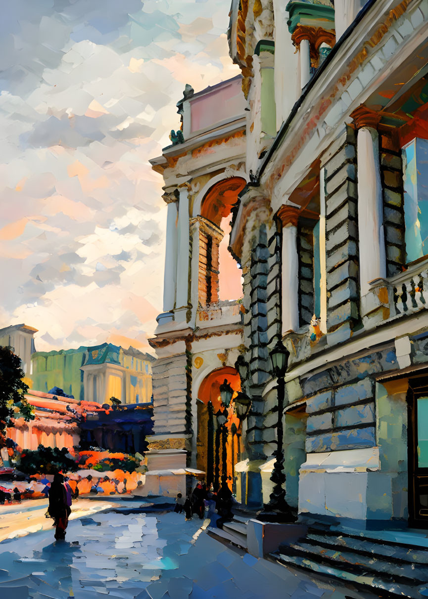 Historic urban street painting with elegant buildings and solitary figure