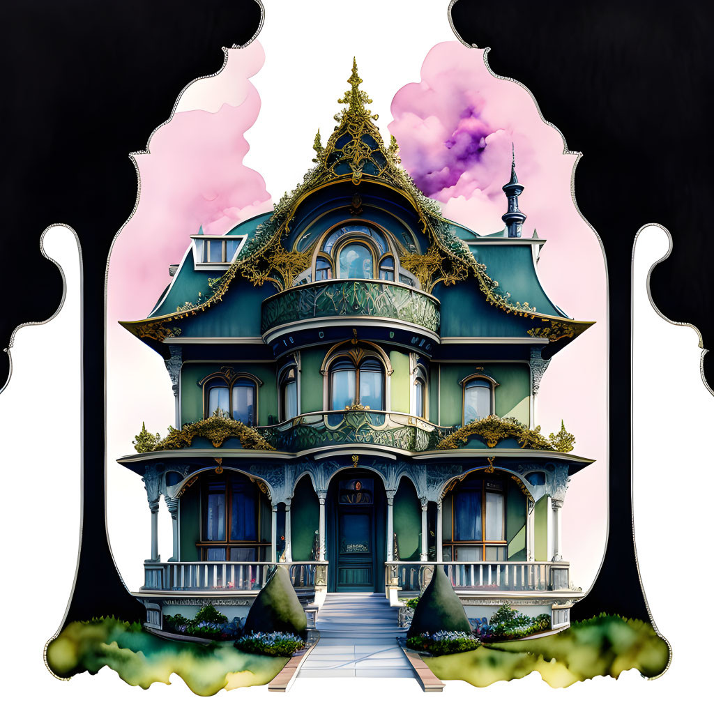 Victorian-style house with turrets and intricate detailing on whimsical pink cloud background