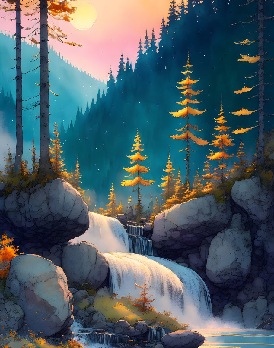 Serene forest scene with waterfall under twilight sky