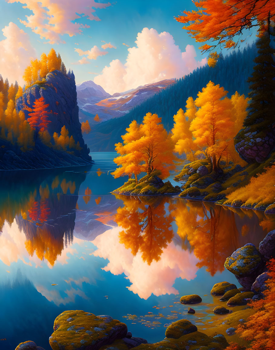 Tranquil autumn landscape with reflective lake and vibrant foliage