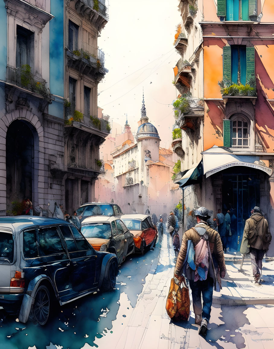 Colorful street scene with people, buildings, cars, and vintage watercolor effect