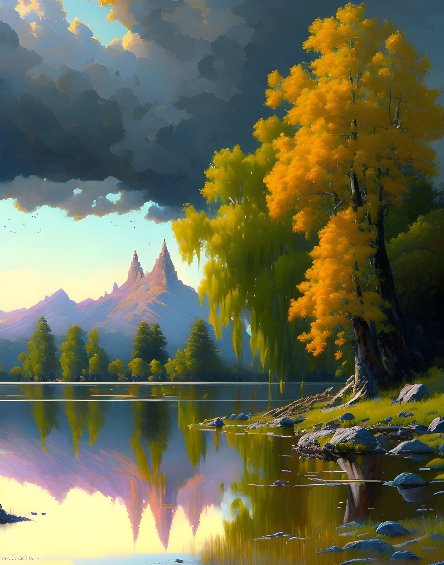 Tranquil lakeside view with yellow tree, cloudy sky, and distant mountains