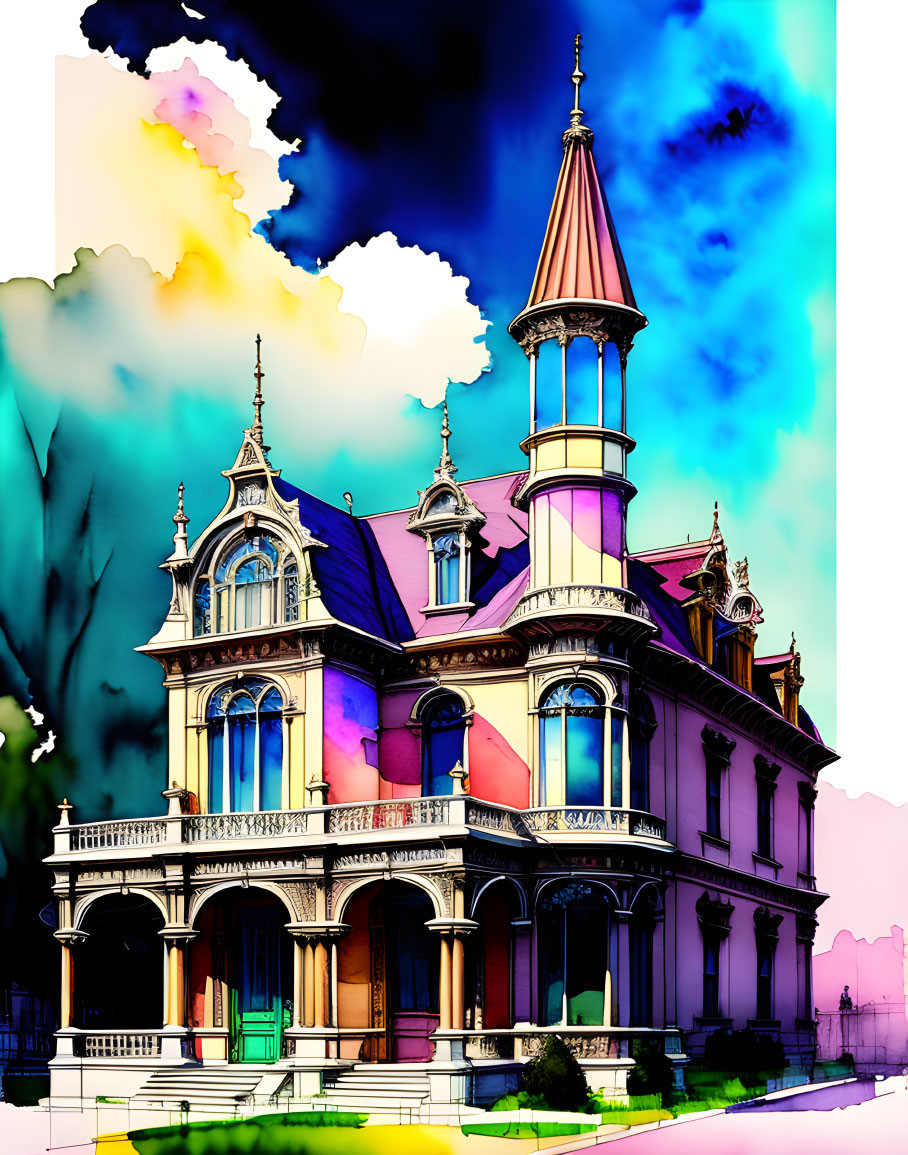 Victorian-style house with towering spire and balconies in vivid digital art.