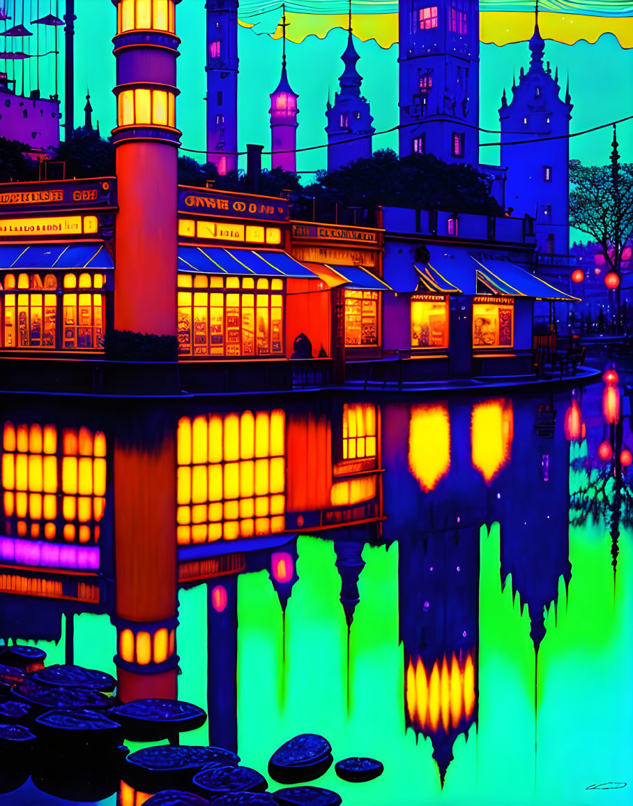 Colorful neon-lit cityscape with reflective water and surreal sky