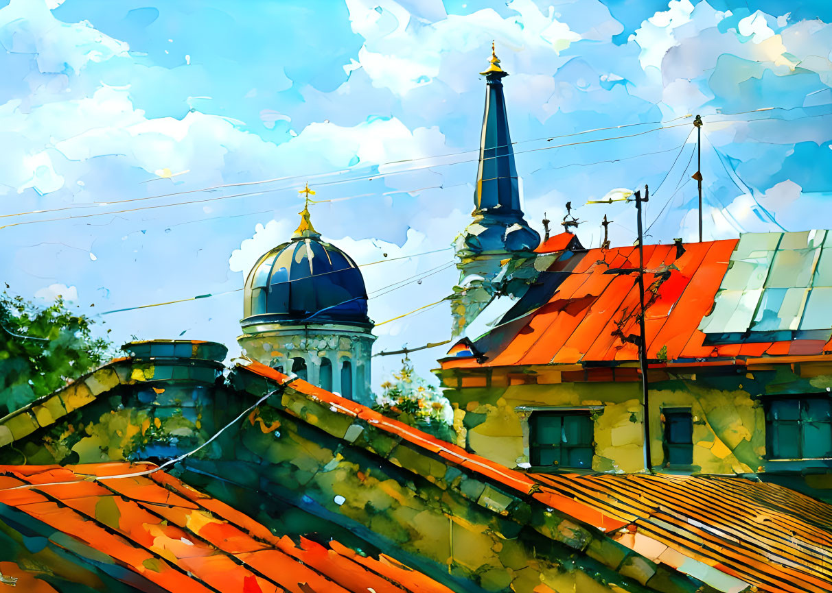 Cityscape Watercolor Painting: Rooftops, Blue Dome, Spire, Cloudy Sky